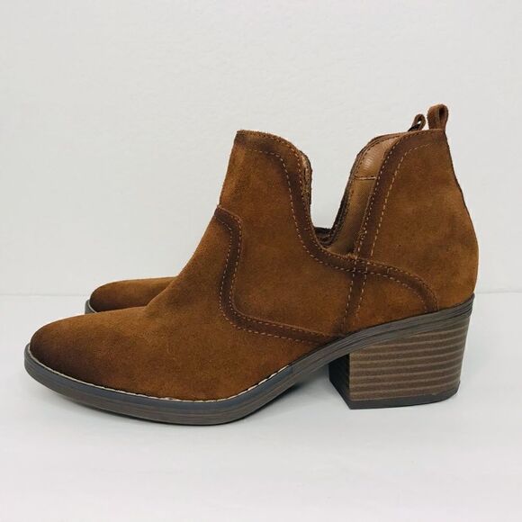 New! Sonoma Genuine Leather Suede Western Woodcut Chunky Block Heel Ankle Boots - Picture 3 of 12